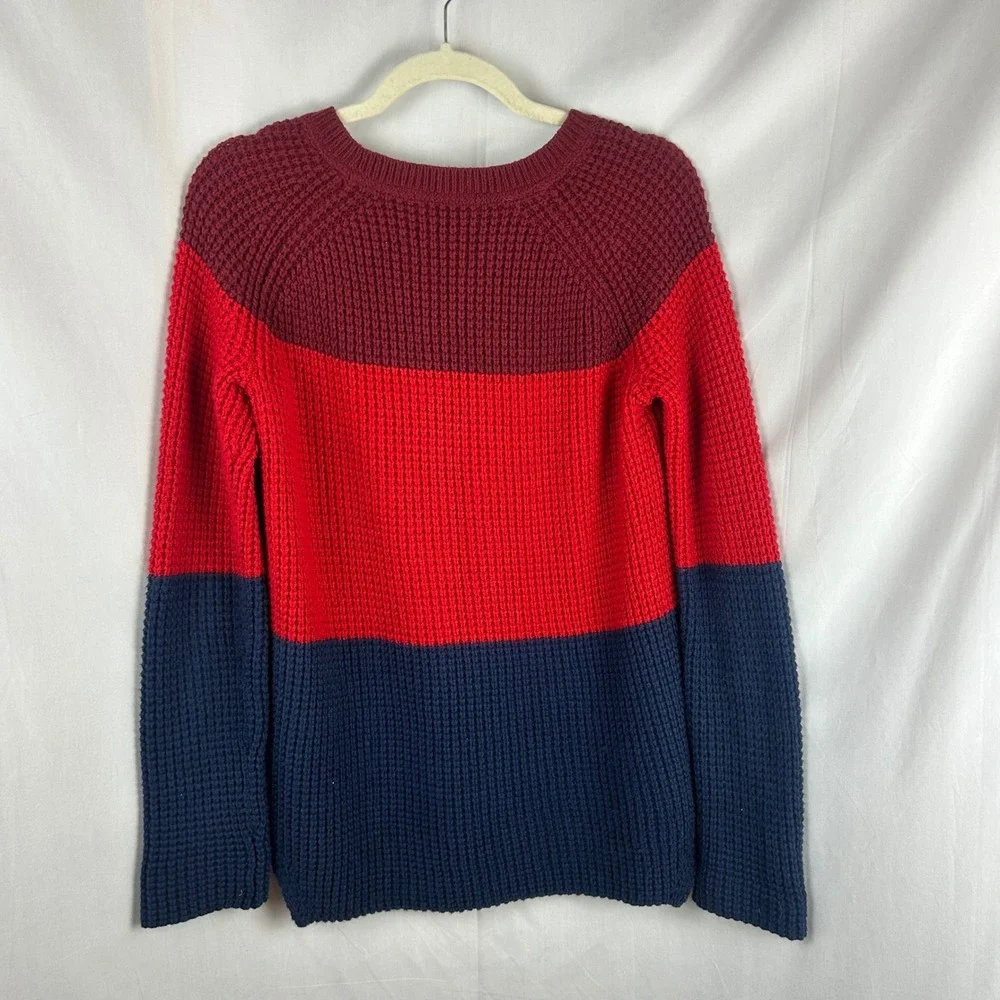 Marine Layer Delaney‎ Striped Waffle Knit Crewneck Sweater Red Navy Blue Small